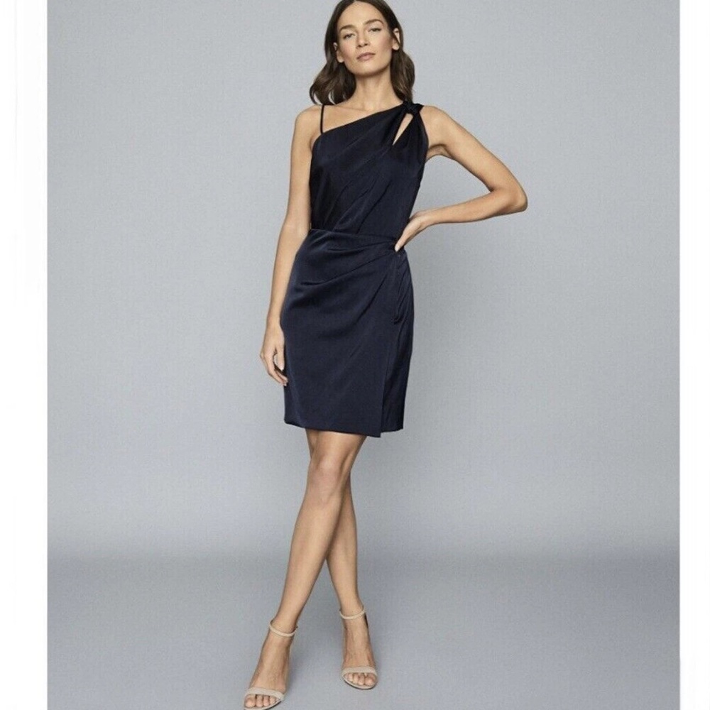 Reiss Navy Dorothy One Shoulder Satin Dress Size 0